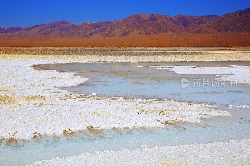 Baltinache的Lagunas escondidas - Baltinache和Atacama salar flats - Turquoise salt lakes mirrored reflection and田诗化的阿塔卡马沙漠，火山景观全景- San Pedro de Atacama，智利，Bolívia和阿根廷边境